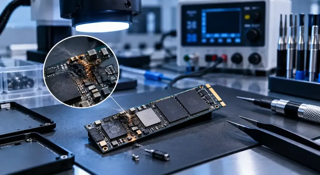 Närbild på brända elektroniska komponenter på ett M.2 SSD-kretskort efter en strömspik