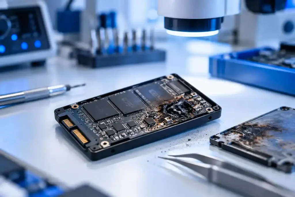 Bränd SSD med elektrisk skada på kretskortet som undersöks för dataräddning