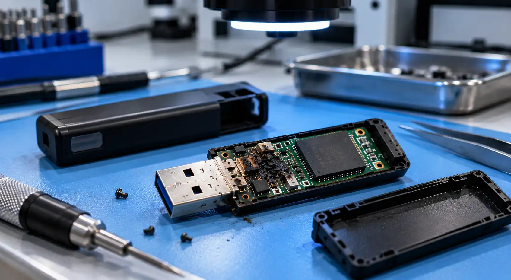 Bränt USB-minne med skadat kretskort vid kontakten, öppnat för professionell dataräddning