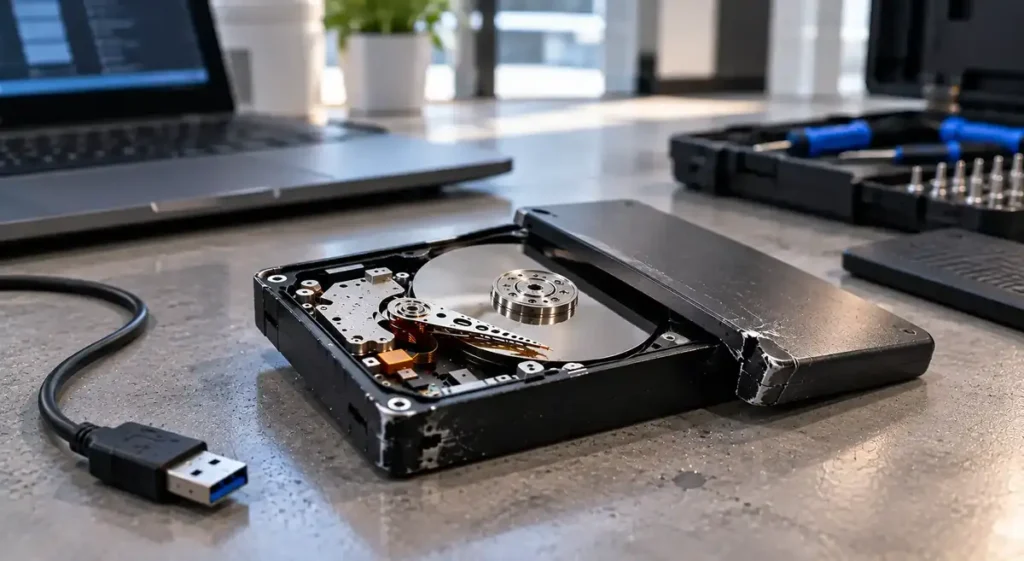 Skadad extern hårddisk med öppnat hölje och USB-kabel på en arbetsbänk