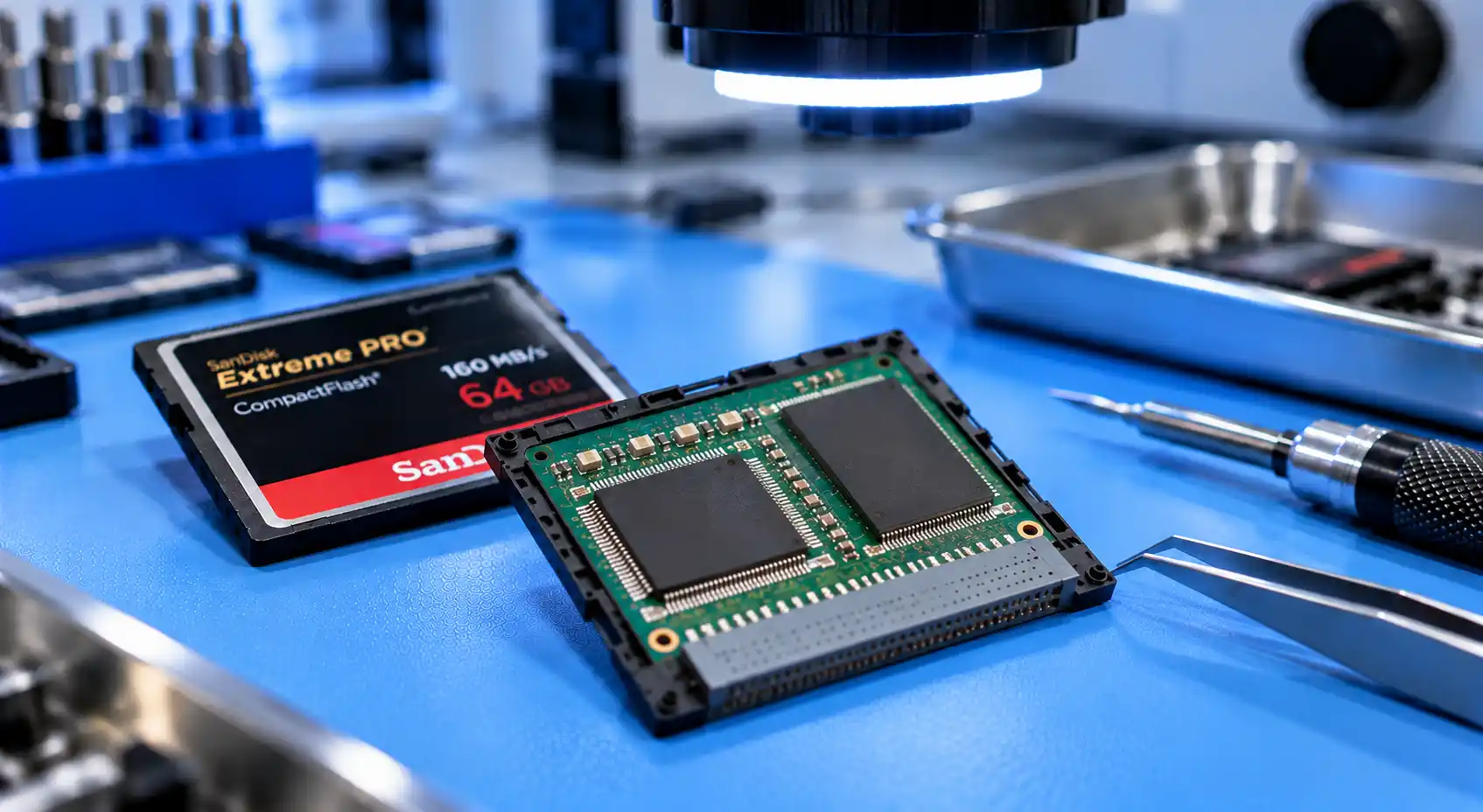 Skadad CompactFlash-minnesmodul med synligt kretskort och minneskretsar som undersöks för dataräddning