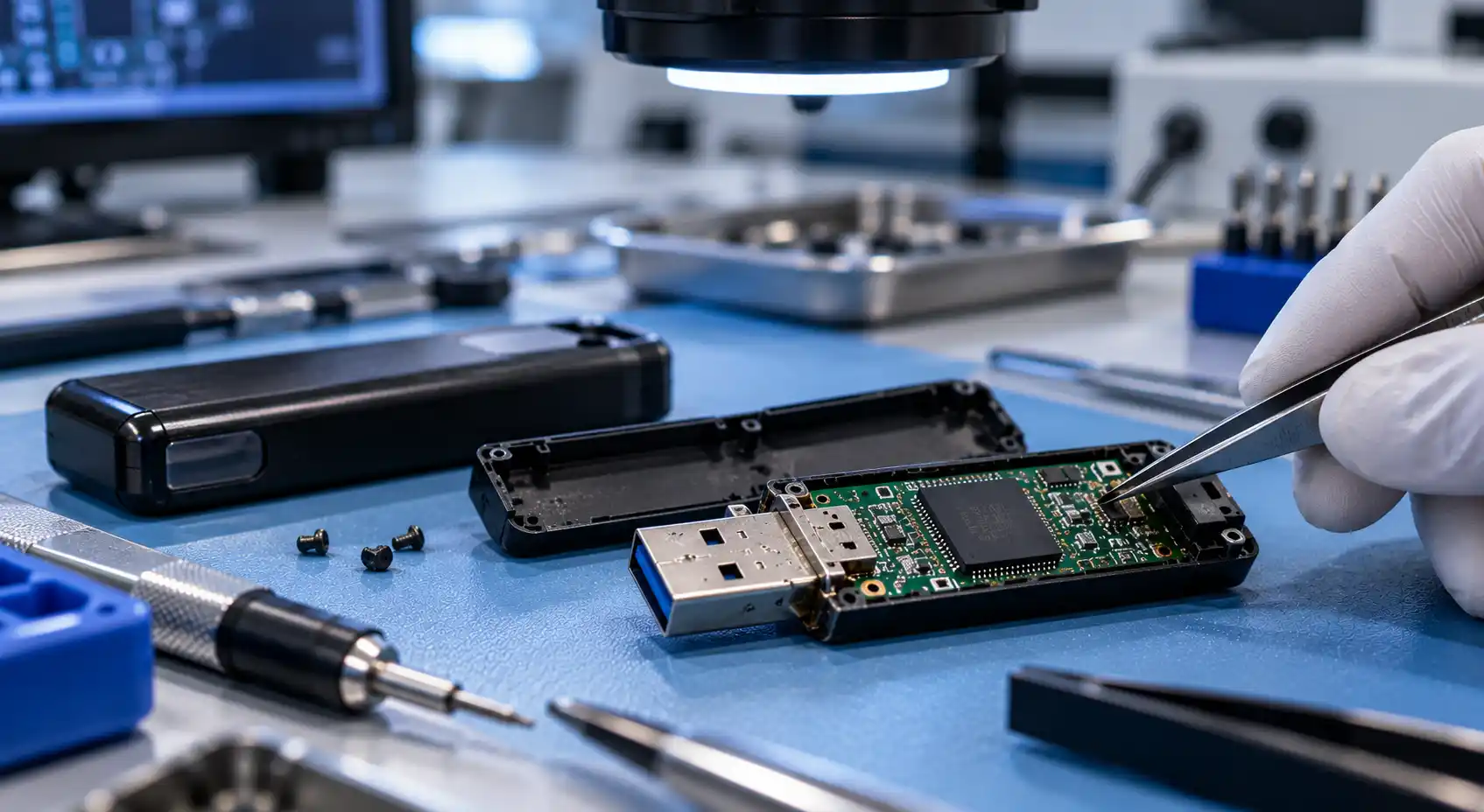 Tekniker undersöker kretskortet på ett skadat USB-minne med pincett under dataräddning