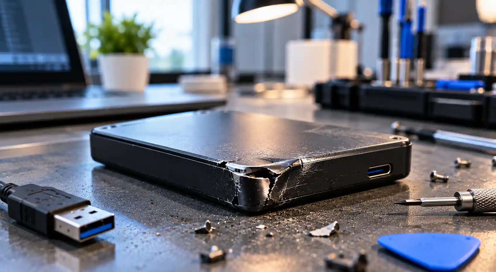 Extern hårddisk med sprucket hölje och USB-kabel efter fysisk skada, redo för reparation