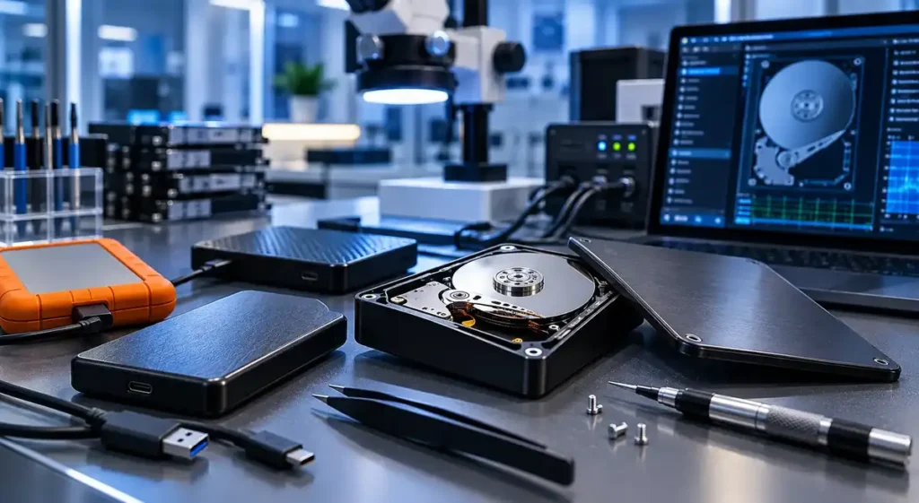 Bärbara externa hårddiskar och en öppnad 2,5-tums disk på en arbetsbänk för dataräddning från extern hårddisk i Stockholm
