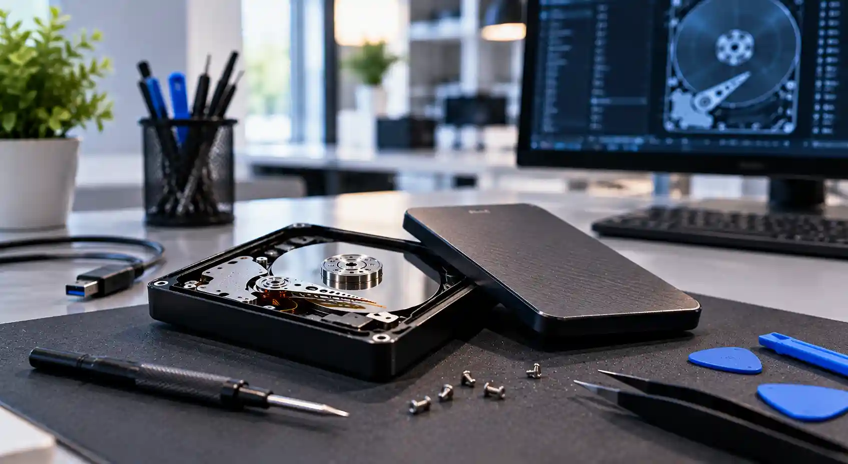 Öppnad extern hårddisk med reparationsverktyg på en arbetsbänk hos mService – reparation av extern hårddisk i Stockholm