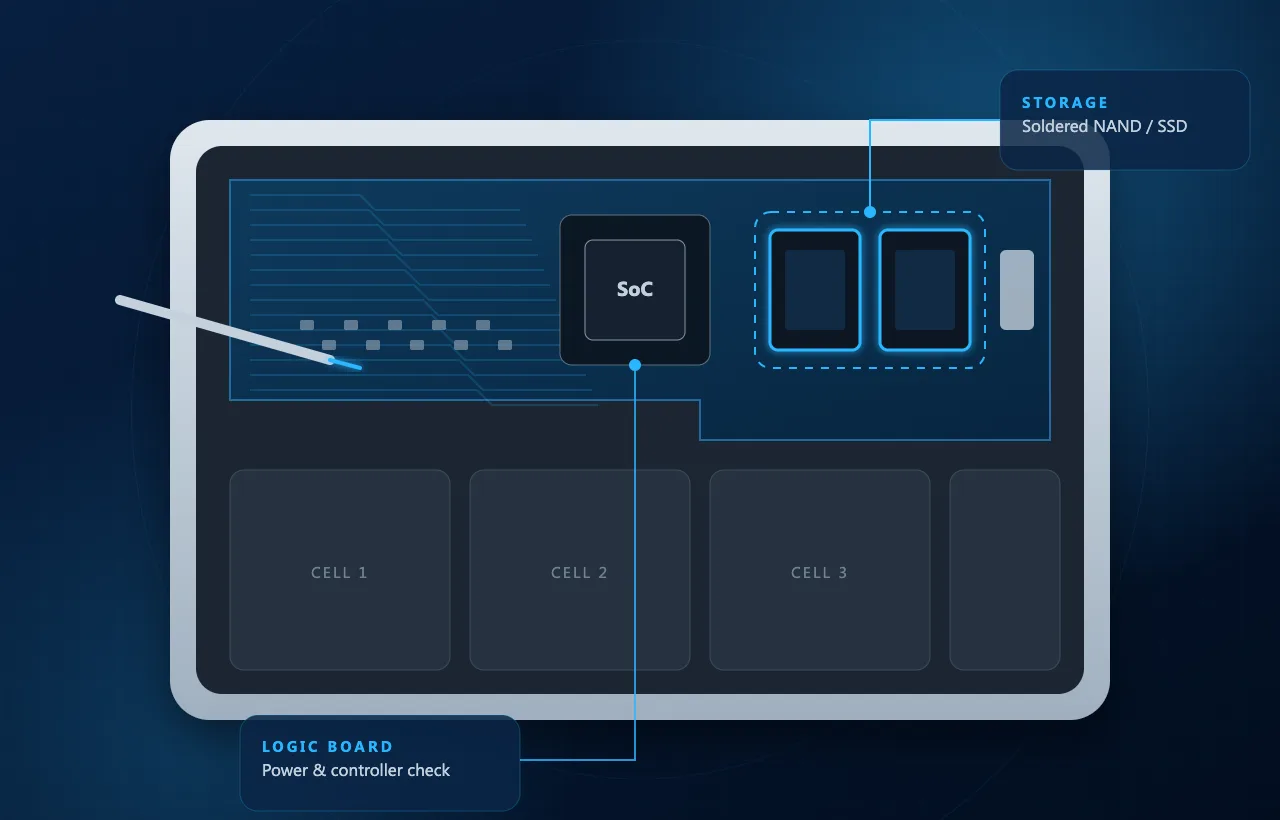 Moderkort från MacBook med fastlödd SSD-lagring som undersöks för dataräddning