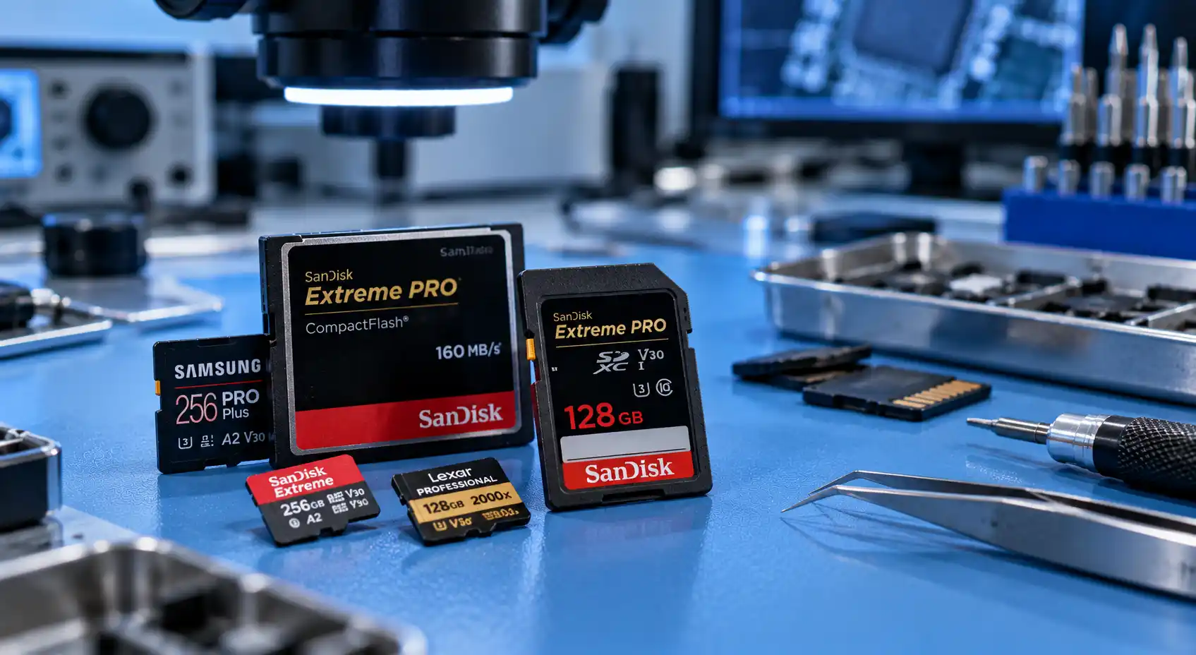 Dataräddning från RAM-minne – SD-, microSD- och CompactFlash-kort på en arbetsbänk för dataräddning i Stockholm
