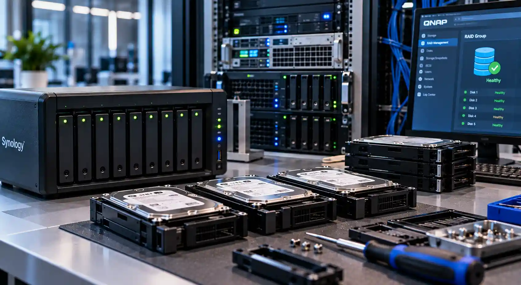 Synology NAS, QNAP RAID-hantering och rackservrar med hårddiskar för dataräddning från NAS och servrar