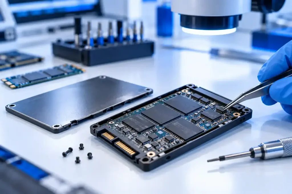 Tekniker undersöker ett fysiskt skadat SSD-kretskort med pincett vid dataräddning