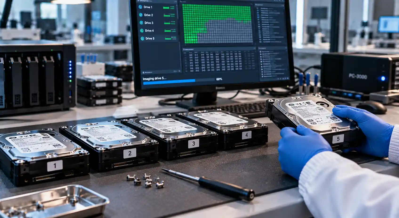 Numrerade RAID-diskar som avbildas en i taget med PC-3000 vid dataräddning från RAID