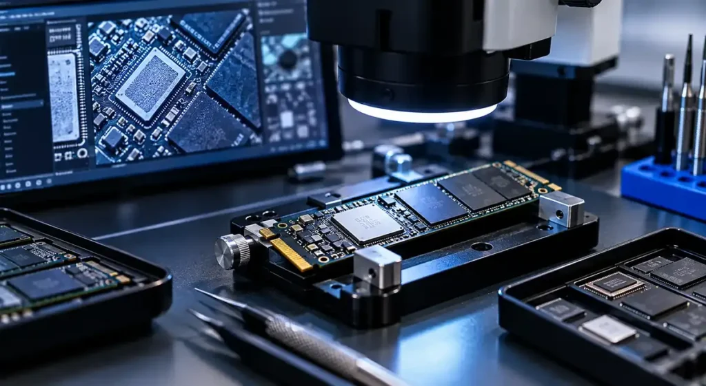 M.2 NVMe-SSD under mikroskop vid felsökning av kontroller, firmware och NAND-flash