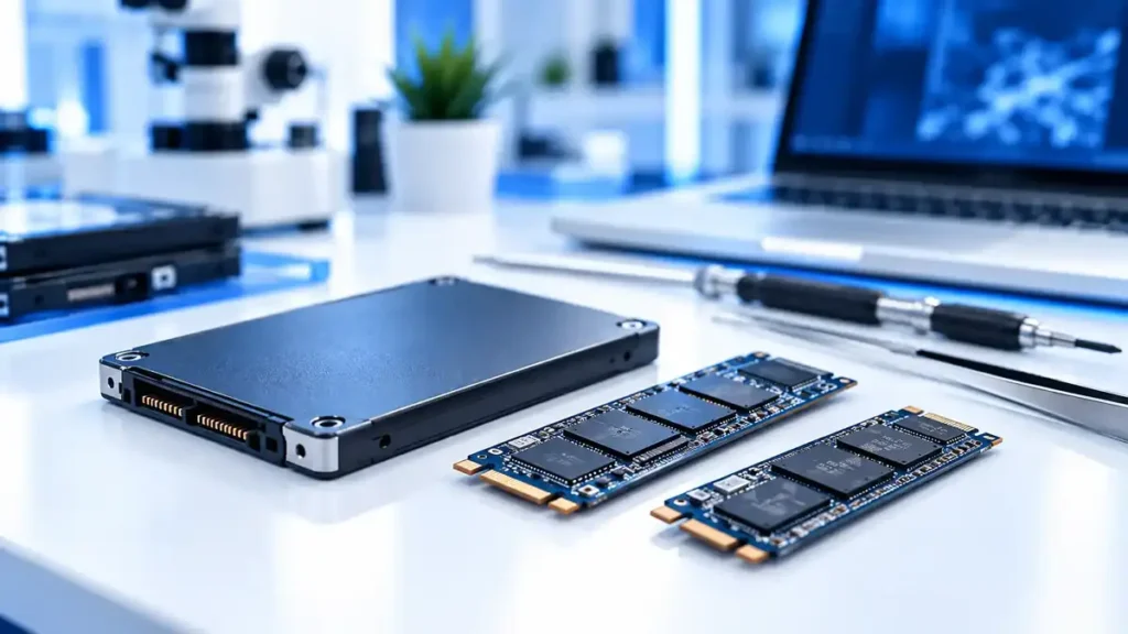 SATA-, M.2- och NVMe-SSD:er på en arbetsbänk för dataräddning från SSD i mService labb i Stockholm