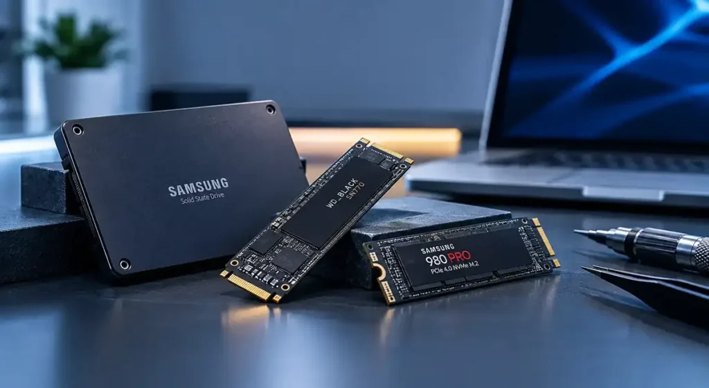 2,5-tums SATA-SSD och M.2 NVMe-SSD:er redo för professionell SSD-reparation i Stockholm