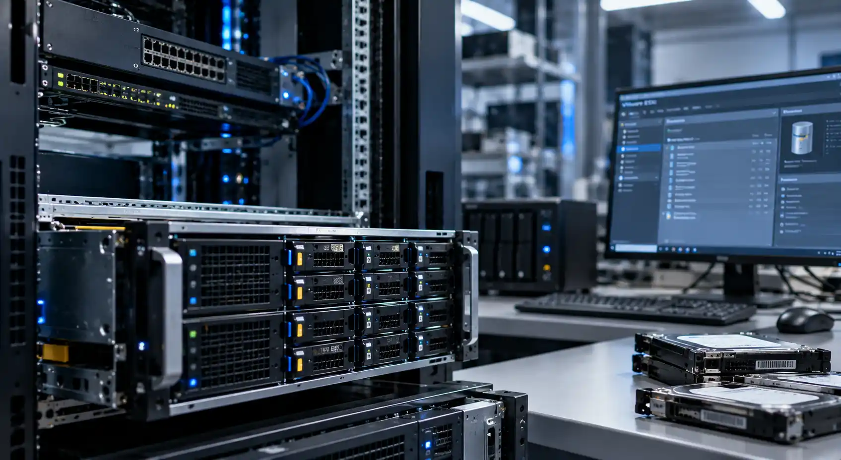 Dataräddning från virtuella maskiner – rackservrar, hårddiskar och en VMware ESXi-skärm i ett dataräddningslabb i Stockholm