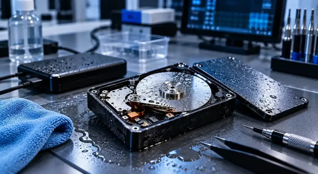 Vattenskadad extern hårddisk som öppnats för inspektion i dataräddningslabbet